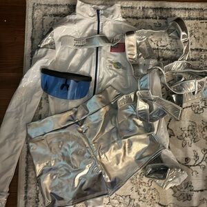 Forplay blast off costume includes bodysuit, harness, garter belt and glasses